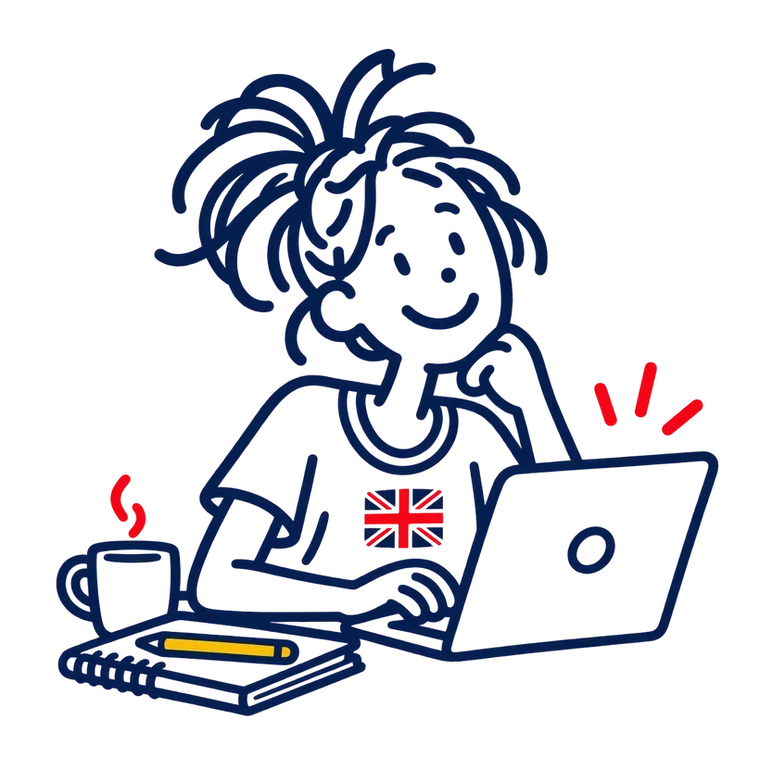 Ilustración de una alumna adulta de Spanglish en una clase online con portátil y café