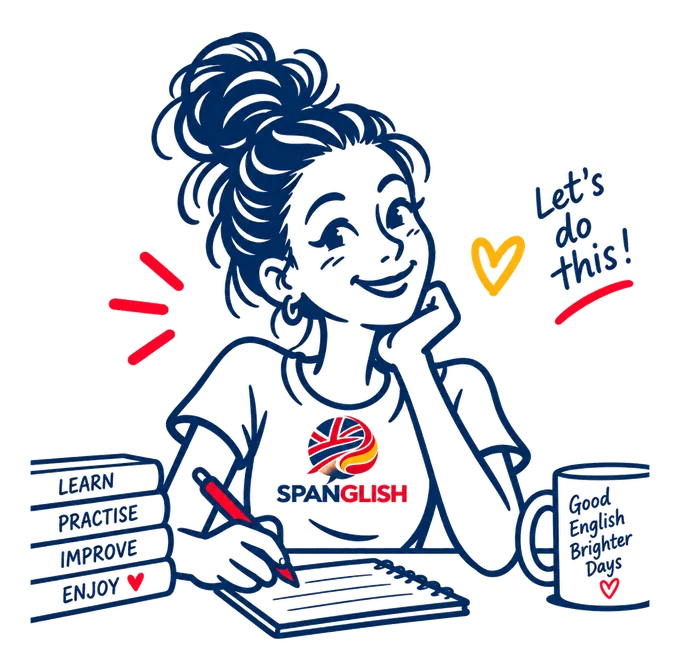 Ilustración de Spanglish: una alumna sonriente escribiendo, rodeada de libros con las palabras Learn, Practise, Improve, Enjoy